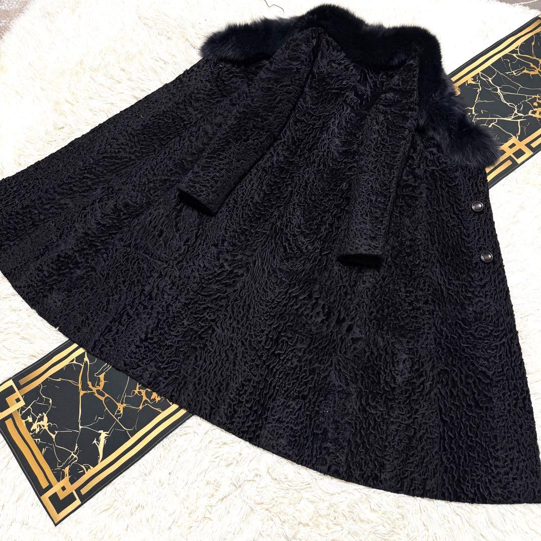 総丈117cm MOONBAT ラム ロングコート ブルーフォックスファー