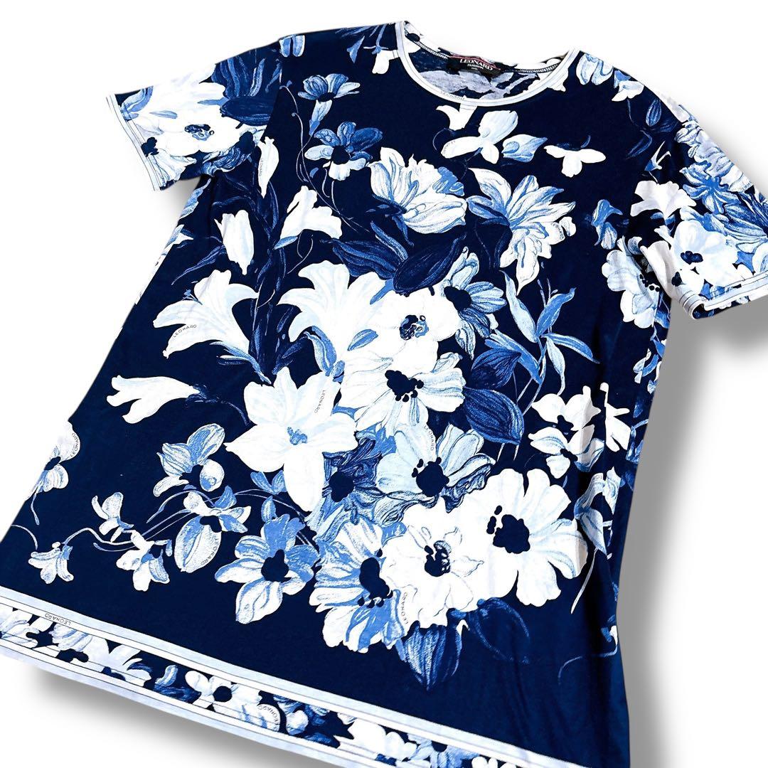 美品 LEONARD 花柄 半袖 チュニック ネイビー ブルー 総柄 Mサイズ
