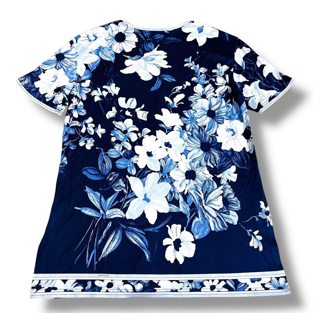 美品 LEONARD 花柄 半袖 チュニック ネイビー ブルー 総柄 Mサイズ