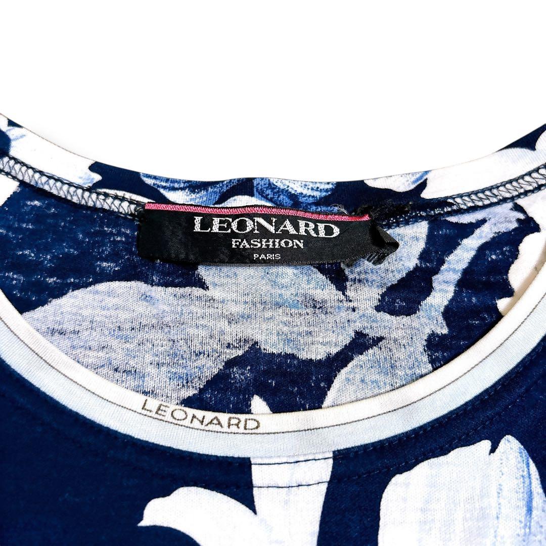 美品 LEONARD 花柄 半袖 チュニック ネイビー ブルー 総柄 Mサイズ