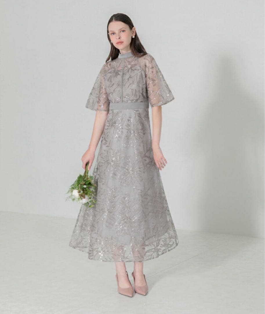 【LEJA】スパンコール花柄刺繍Aラインワンピースドレス　グレー　M