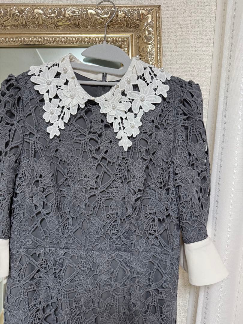 LEJA 花柄レースカラースパンコールAラインフレアドレス　ブルー　S