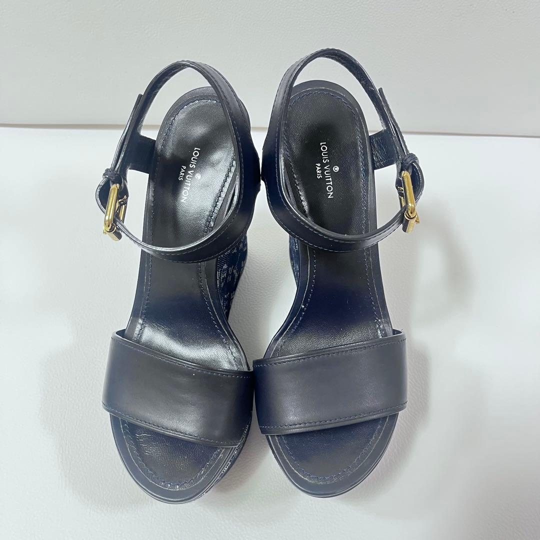 美品 ルイヴィトン　サンダル　ウエッジソール　モノグラム　デニム　ネイビー