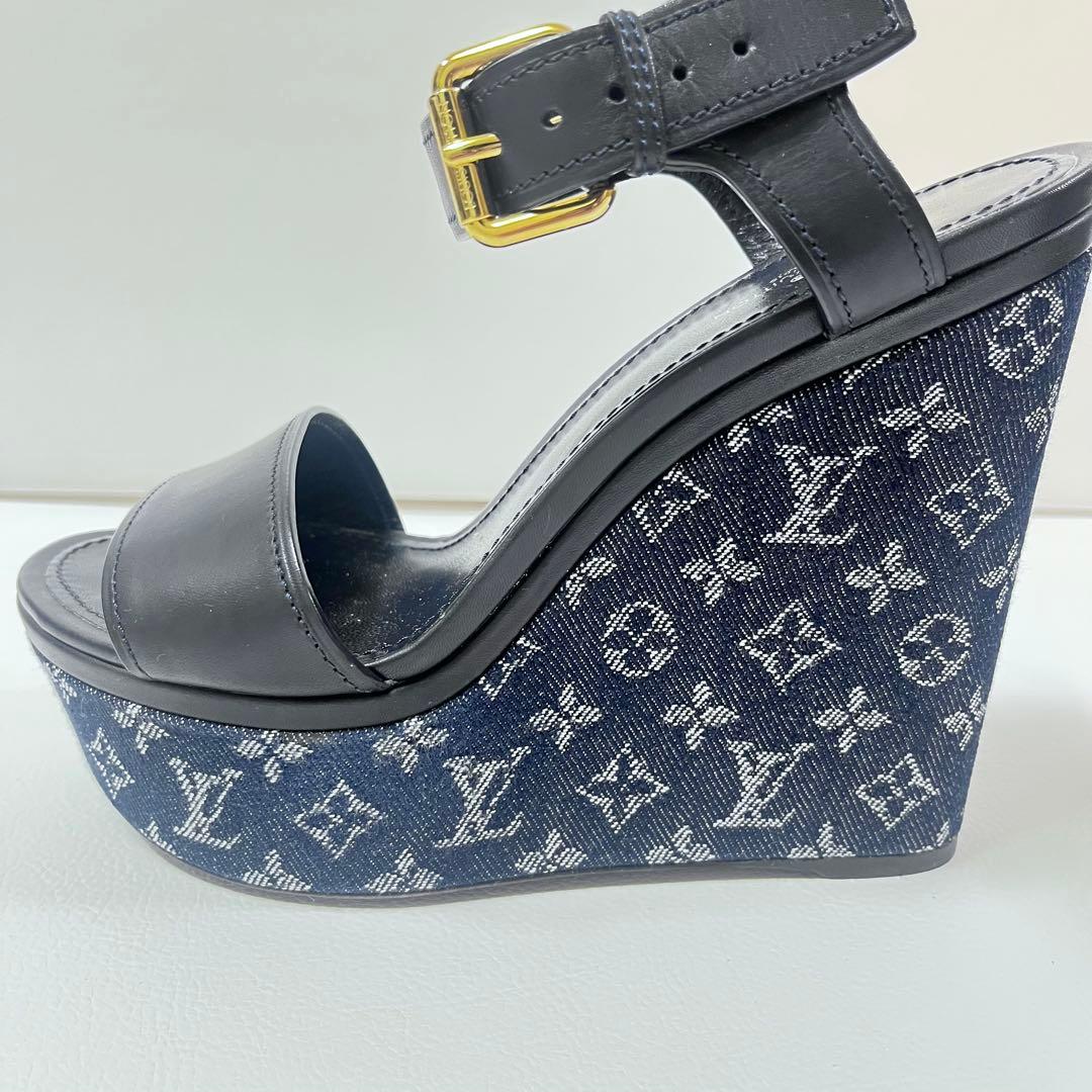 美品 ルイヴィトン　サンダル　ウエッジソール　モノグラム　デニム　ネイビー