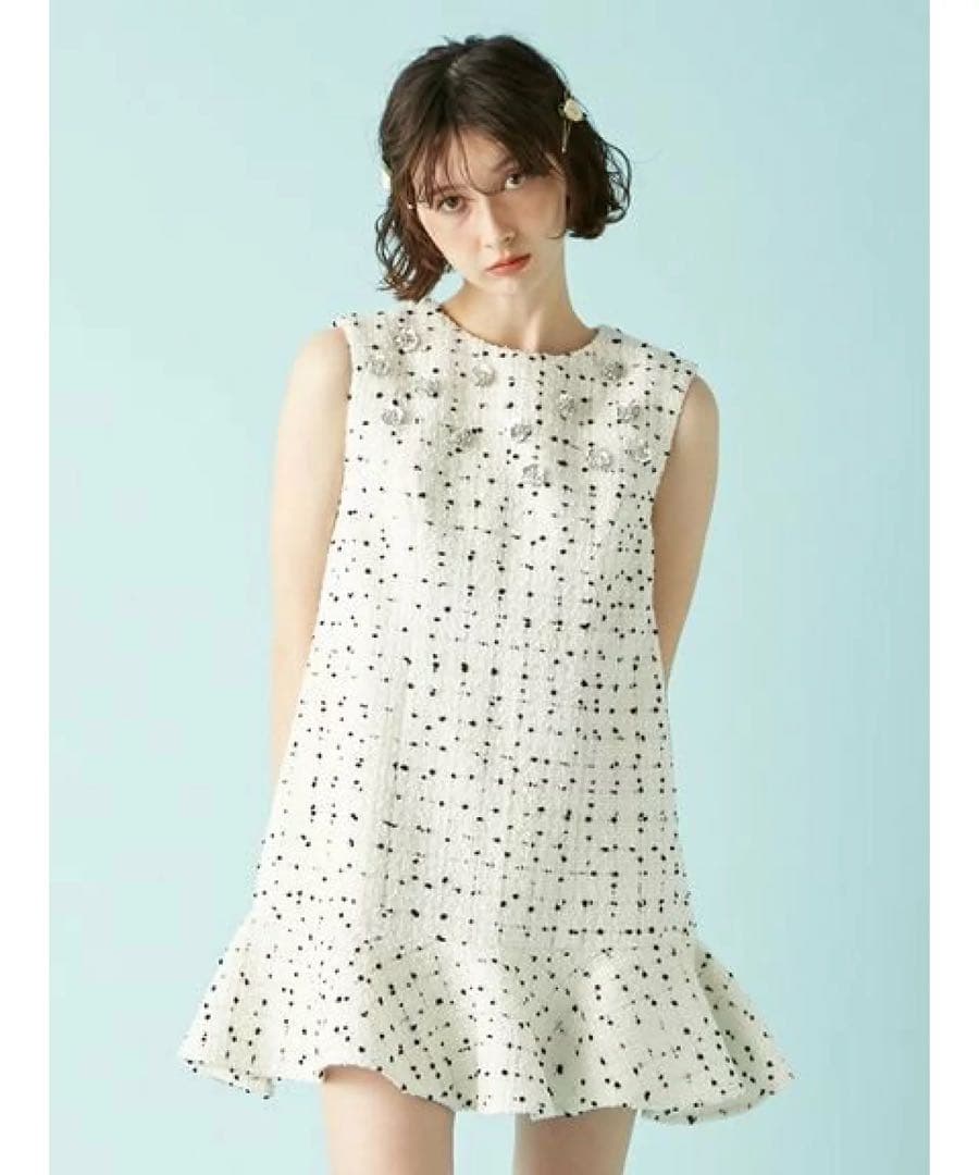 ツイードビジューAラインミニワンピース　リリーブラウン