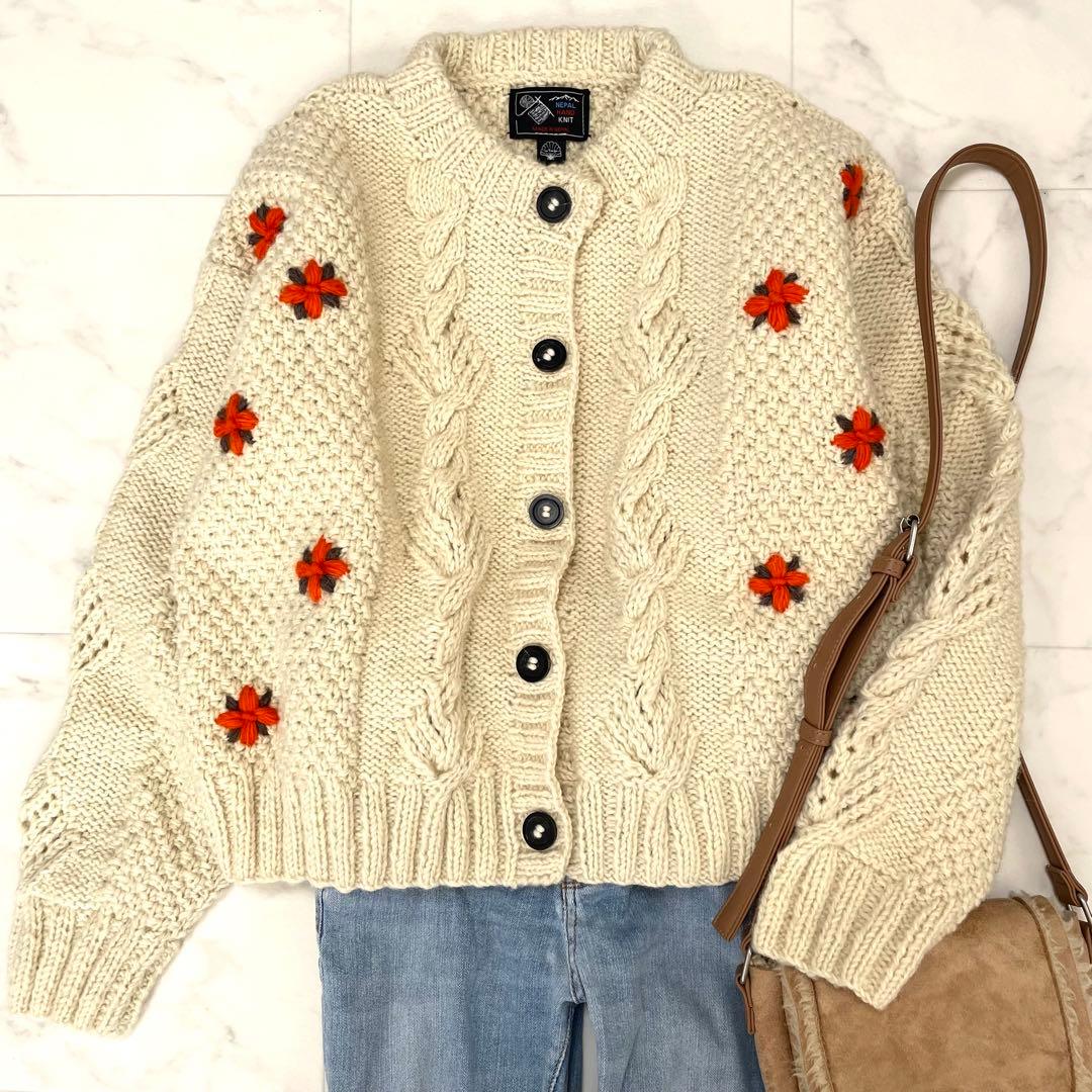 極美品 シールームリン NPL ハンドニット シェルケーブルフラワーカーディガン