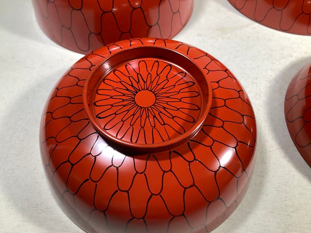 漆専堂　朱塗　黒網目　四つ椀　茶道具　茶会席