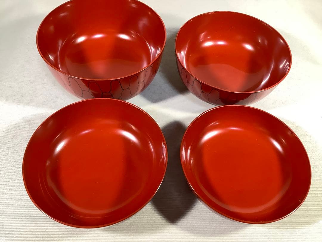 漆専堂　朱塗　黒網目　四つ椀　茶道具　茶会席