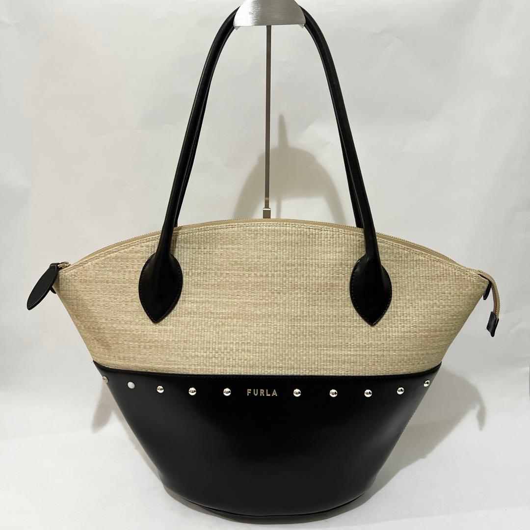 【美品】FURLA かごバッグ ベージュ×ブラック 黒 スタッズ トート 本革