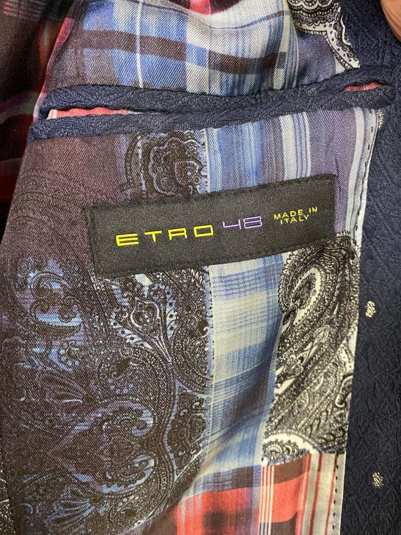 ETRO ネイビー ジャケット 48 光沢有 裏地シルク100%