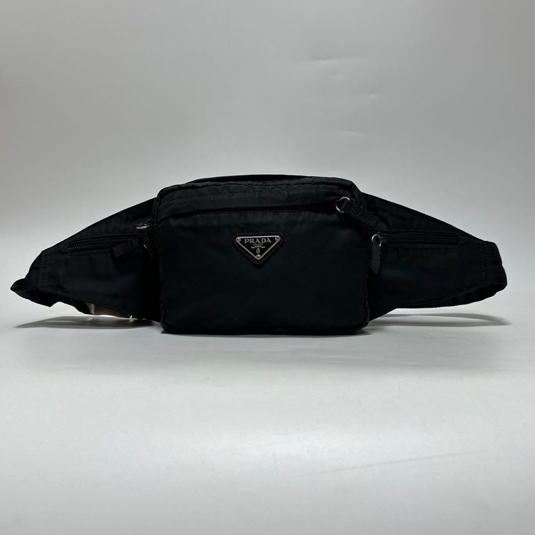 t50【美品】プラダ　三角ロゴ　ナイロン　ブラック　ウエストポーチ　ショルダー.
