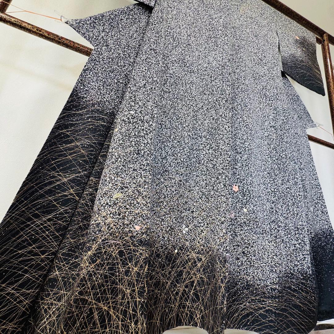 超美品　正絹　袷　訪問着　着物　帯揚げ　帯締め　袋帯　4点　152裄65 黒　白
