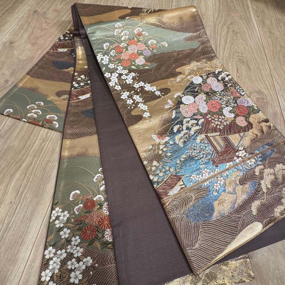 超美品　正絹　袷　訪問着　着物　帯揚げ　帯締め　袋帯　4点　152裄65 黒　白