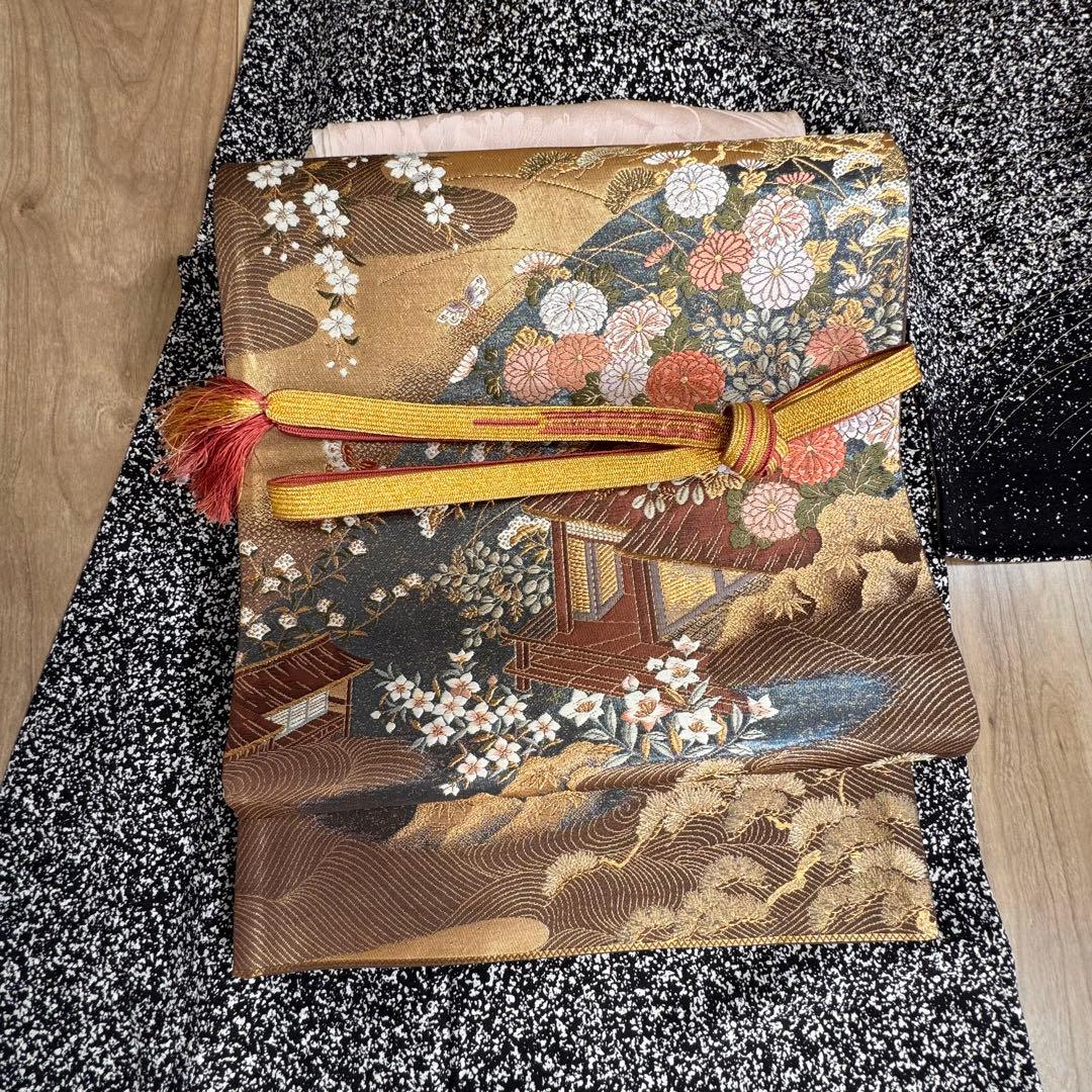 超美品　正絹　袷　訪問着　着物　帯揚げ　帯締め　袋帯　4点　152裄65 黒　白