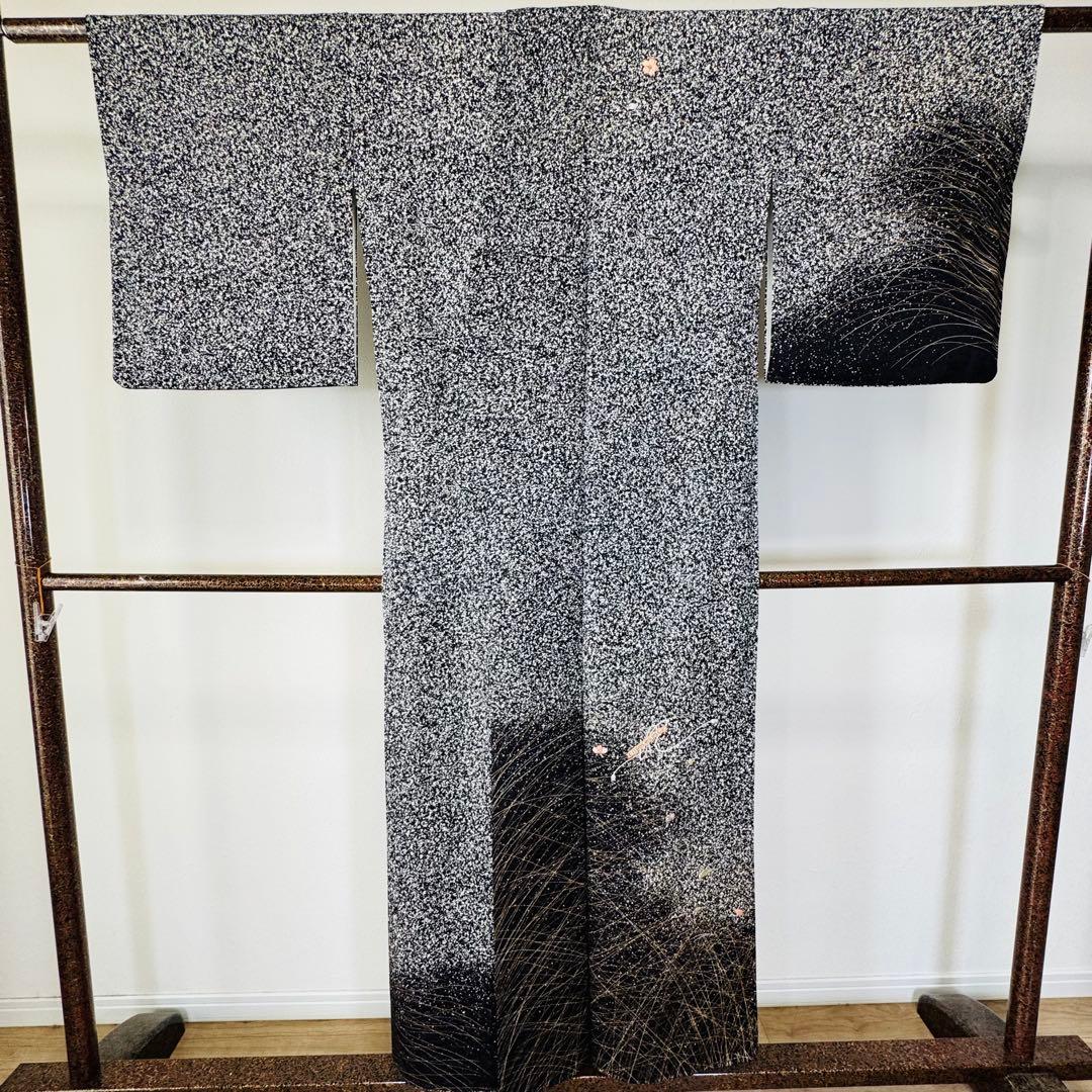 超美品　正絹　袷　訪問着　着物　帯揚げ　帯締め　袋帯　4点　152裄65 黒　白