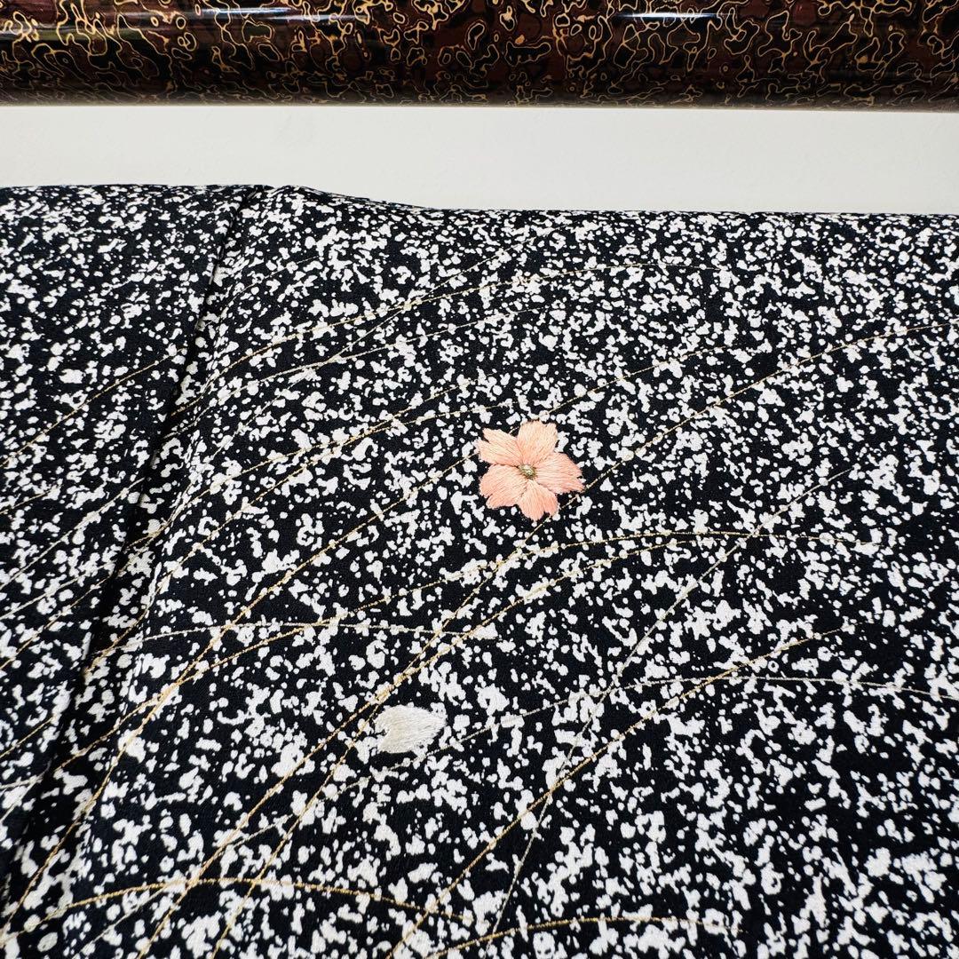 超美品　正絹　袷　訪問着　着物　帯揚げ　帯締め　袋帯　4点　152裄65 黒　白