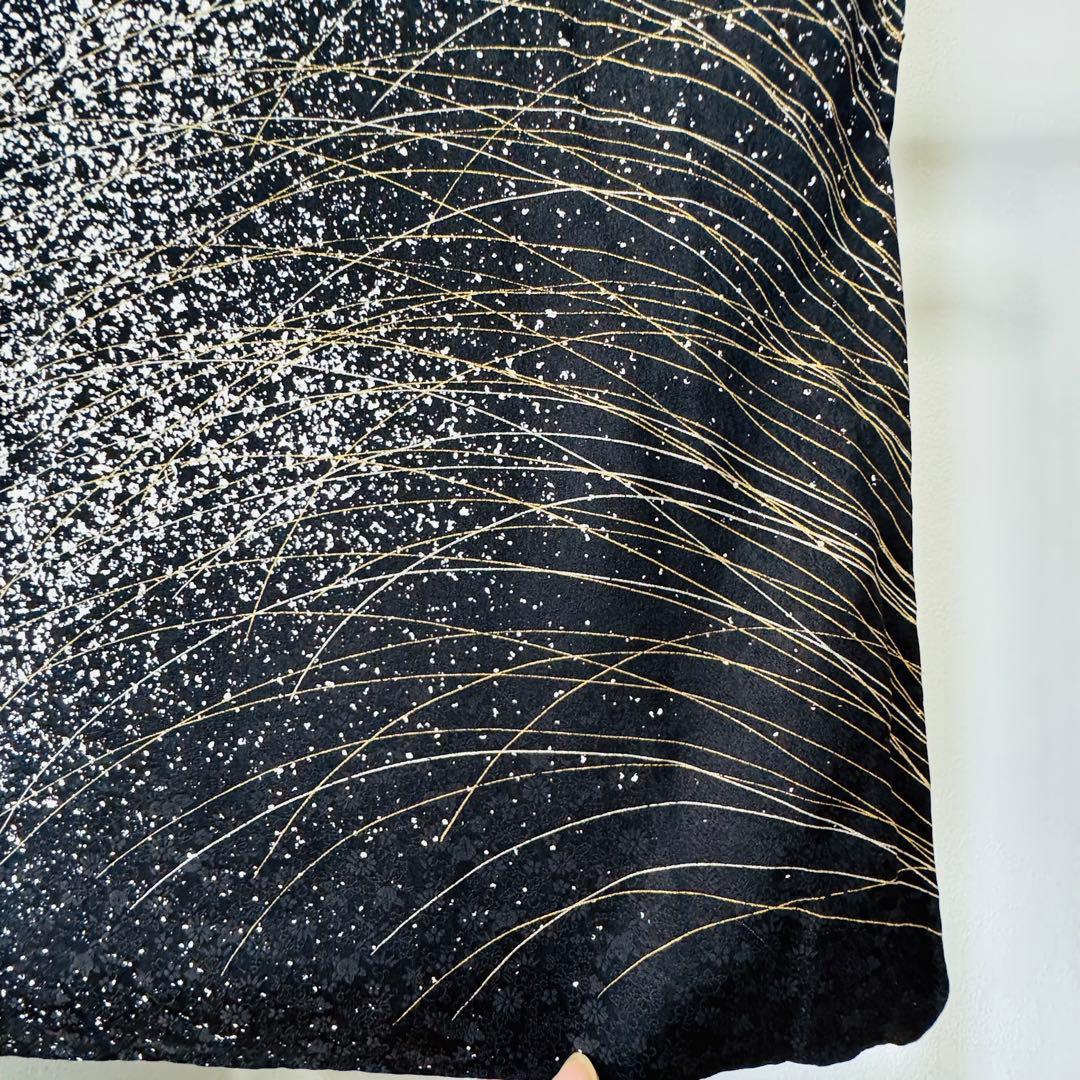 超美品　正絹　袷　訪問着　着物　帯揚げ　帯締め　袋帯　4点　152裄65 黒　白