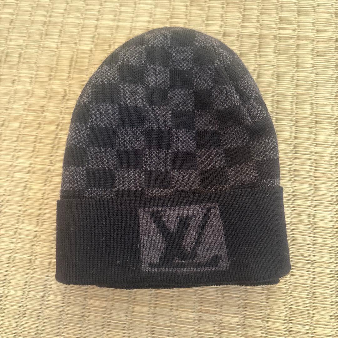 処分！値下げ！LOUIS VUITTON チェック柄ニット帽 ダミエ　ブラック