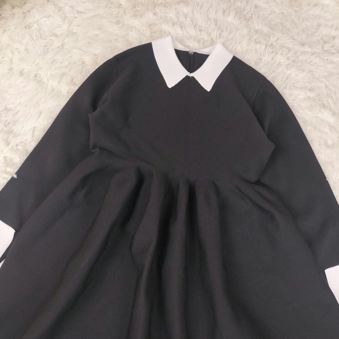 クラシカル 黒ワンピース 白襟×白カフス Aライン フレア スタイル美人