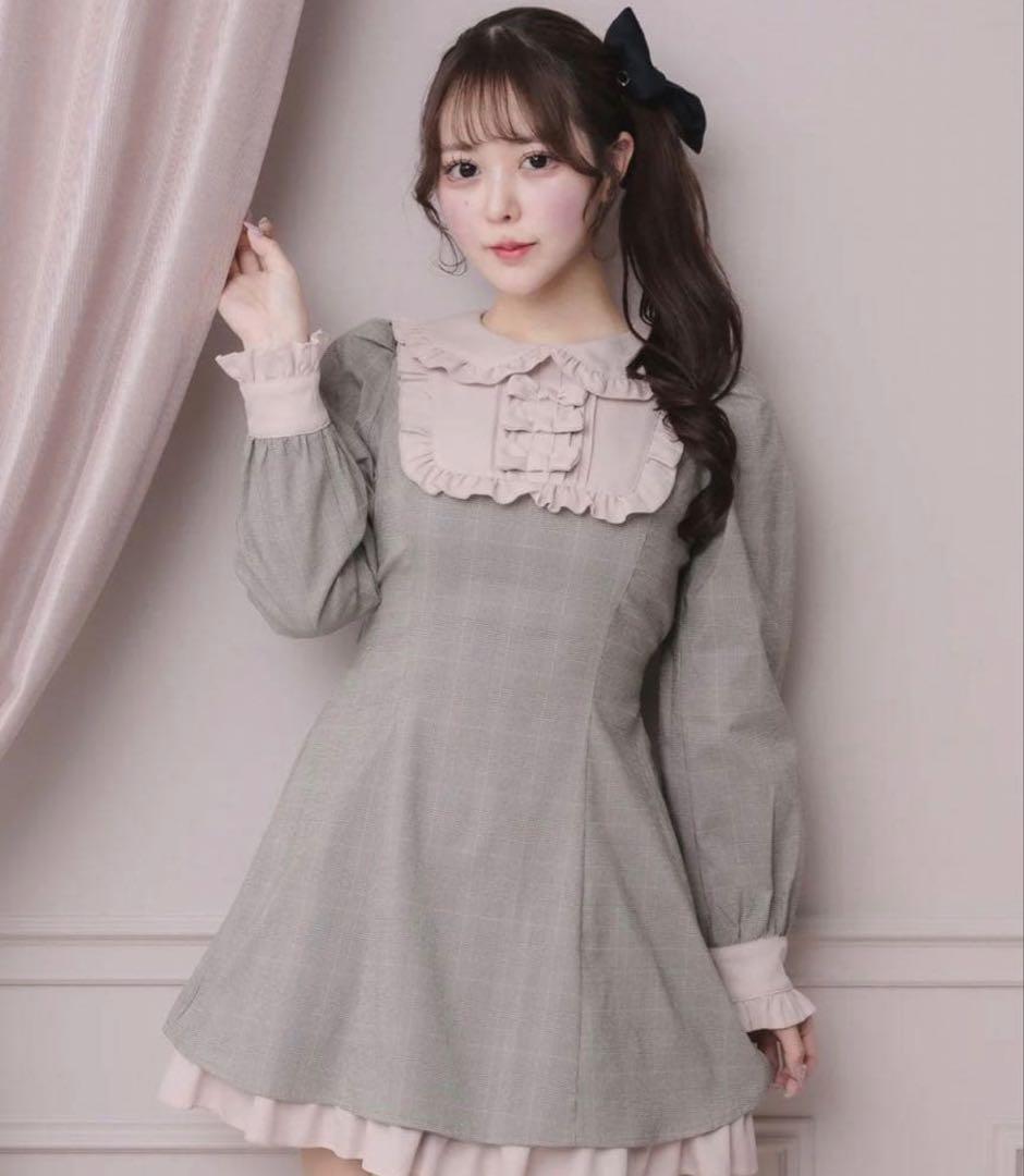 Pium スクエアフリルリボンドーリーワンピース グレーチェック