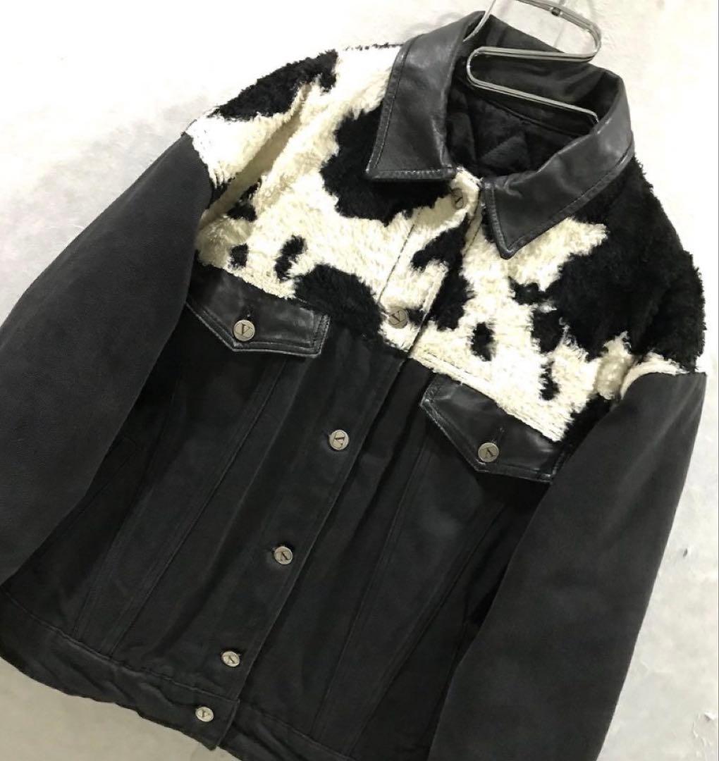 Valentino カウ柄 ファー レザー デニムジャケット 短丈 黒 34