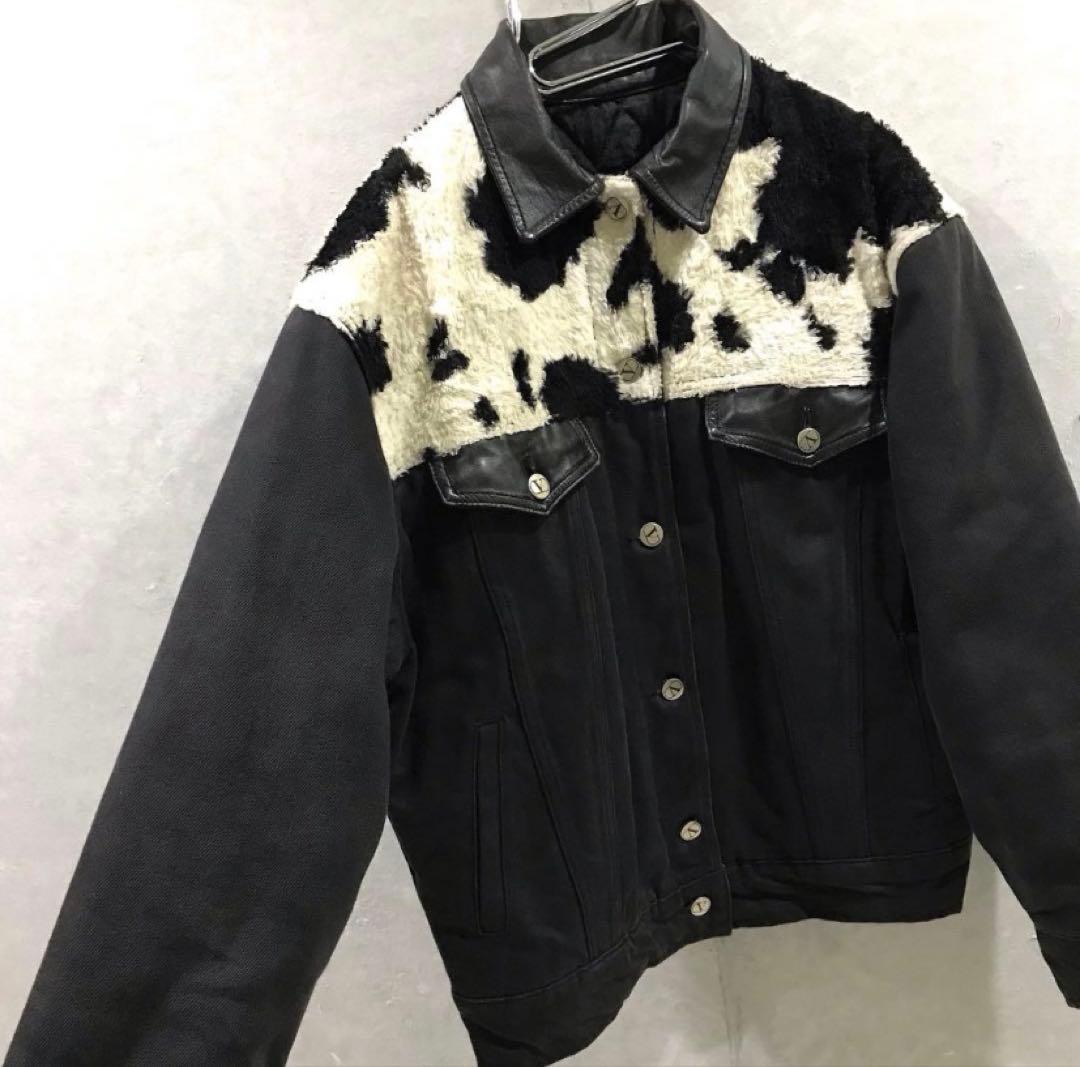 Valentino カウ柄 ファー レザー デニムジャケット 短丈 黒 34