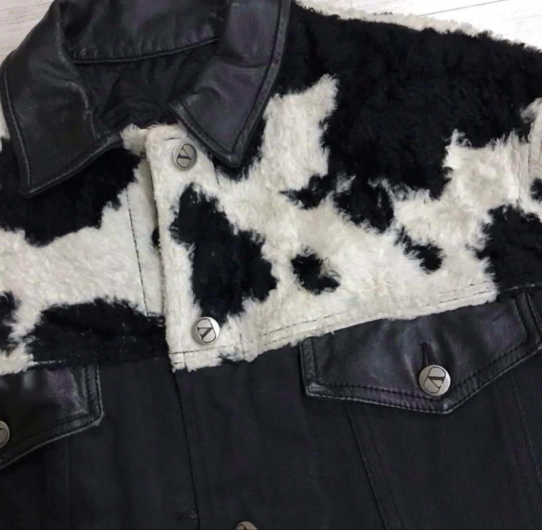 Valentino カウ柄 ファー レザー デニムジャケット 短丈 黒 34