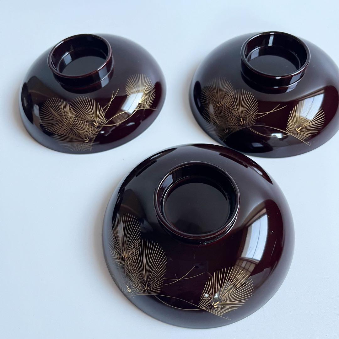 未使用【越前漆器　御吸物椀】×3客　天然木製　漆 共箱　御雑煮椀　飛花吸物椀