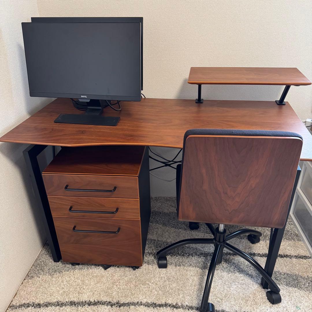【美品！】パソコンデスク　ウォールナット　サイドワゴン&椅子付き　ワークデスク