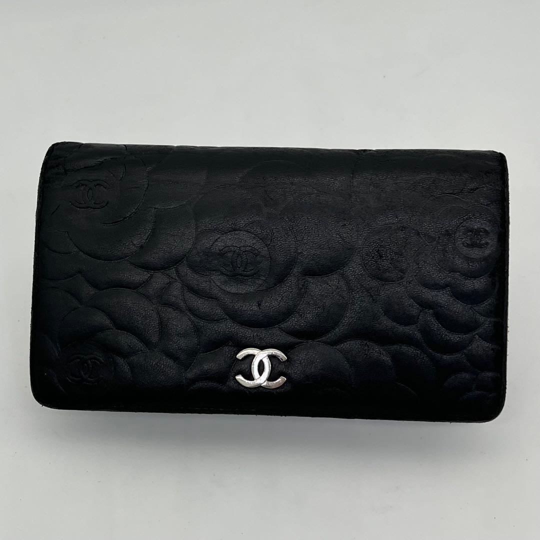 CHANEL 長財布 ココマーク カメリア フラワーエンボス ブラック レザー