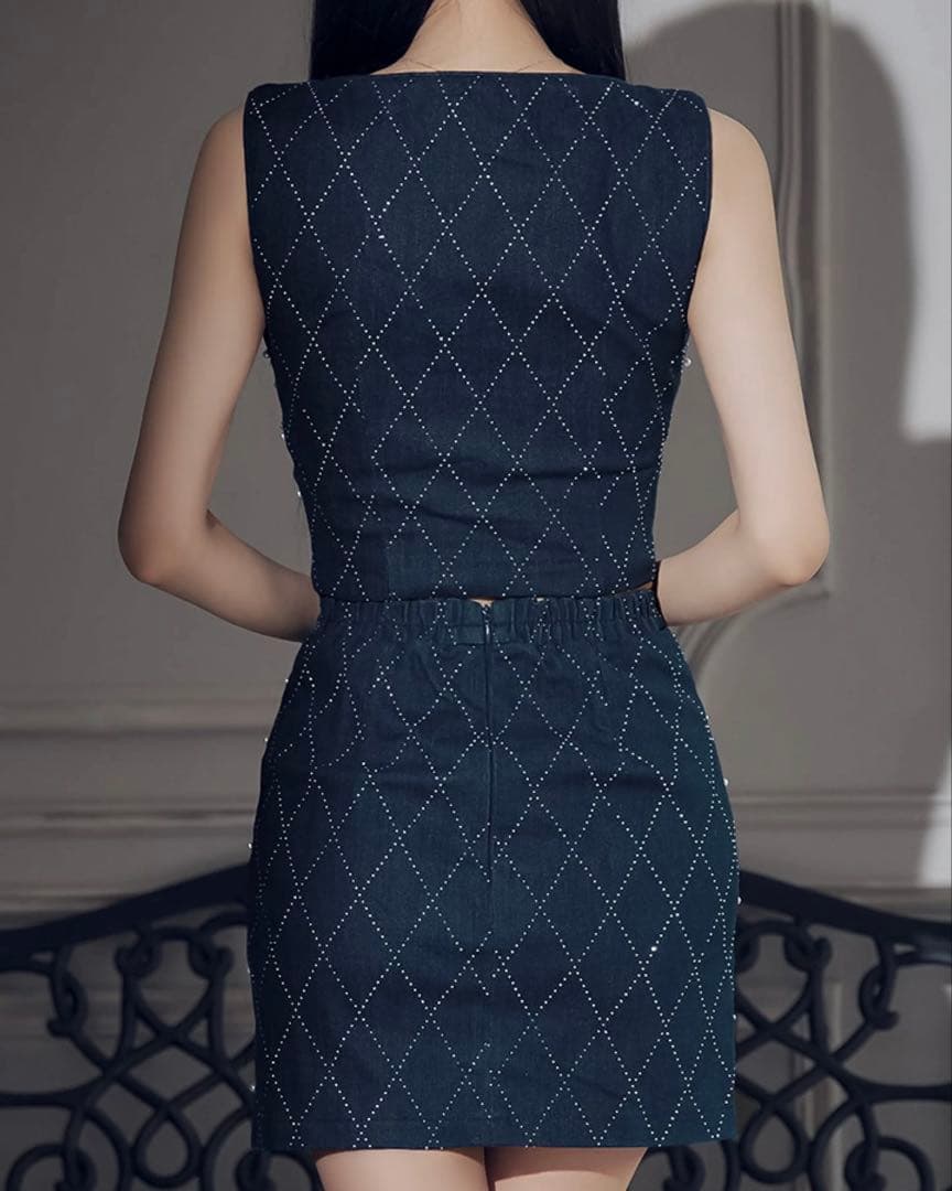 【JEWELS】キャバドレスS セットアップ ビジュー ネイビー ミニドレス