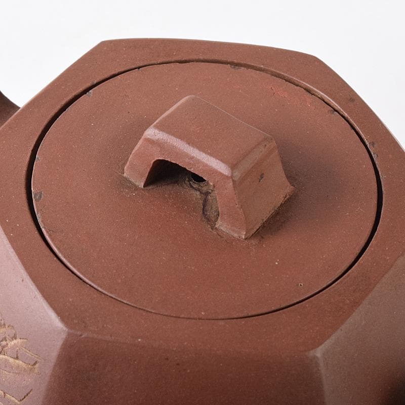 中国　小六方　紫砂　朱泥　漢詩草文　六角急須　茶壷　V　R8293