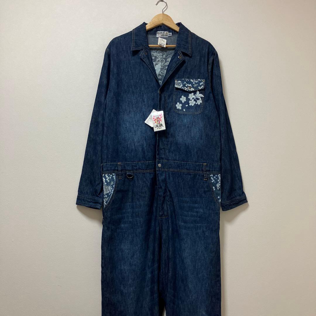 タグ付き　絡繰魂　鯉　桜　花　華　コイ　デニム　オールインワン　つなぎ　刺繍