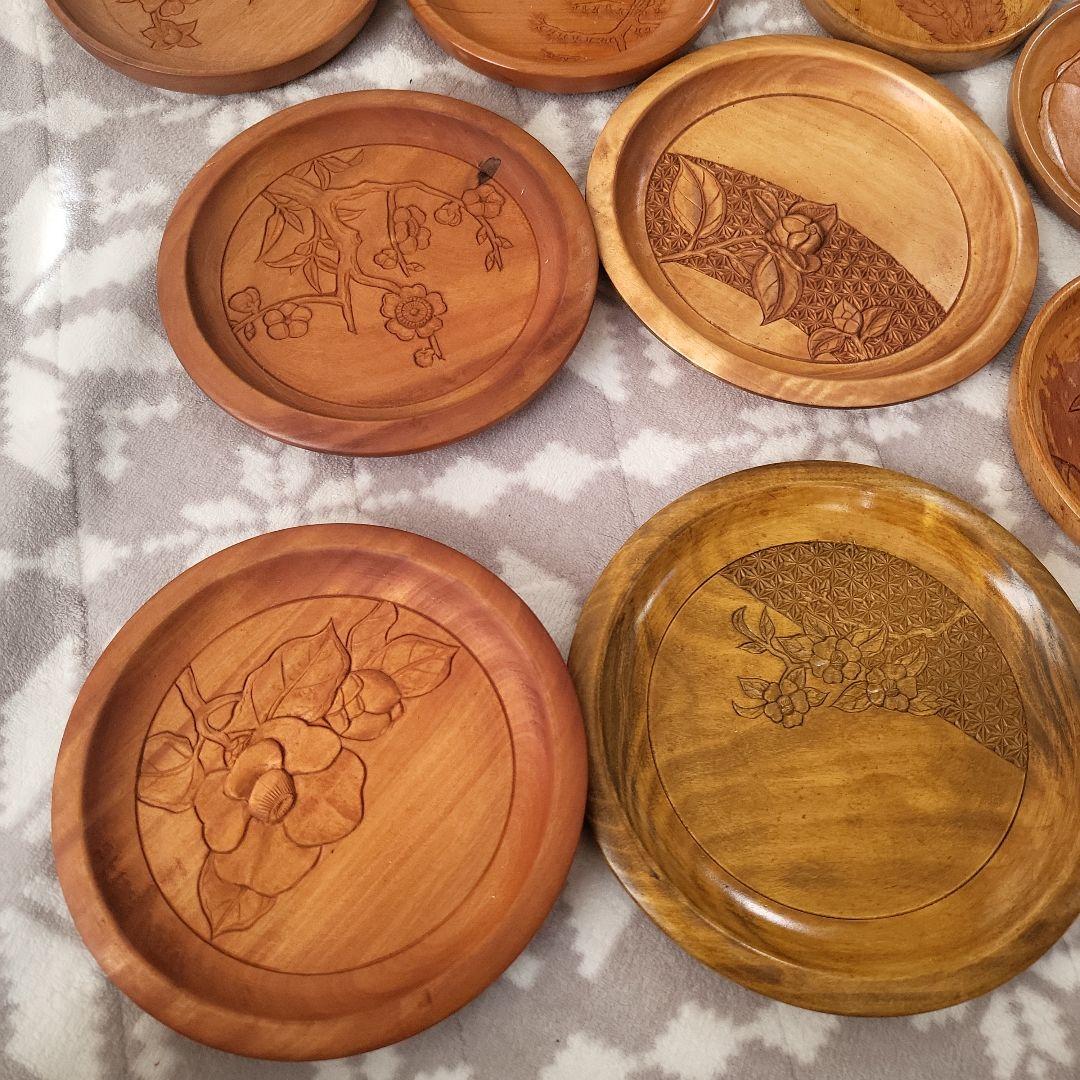 木製 彫刻盆 12枚セット お盆 宮島彫 お菓子 茶 鶴 桜 牡丹 扇 レトロ