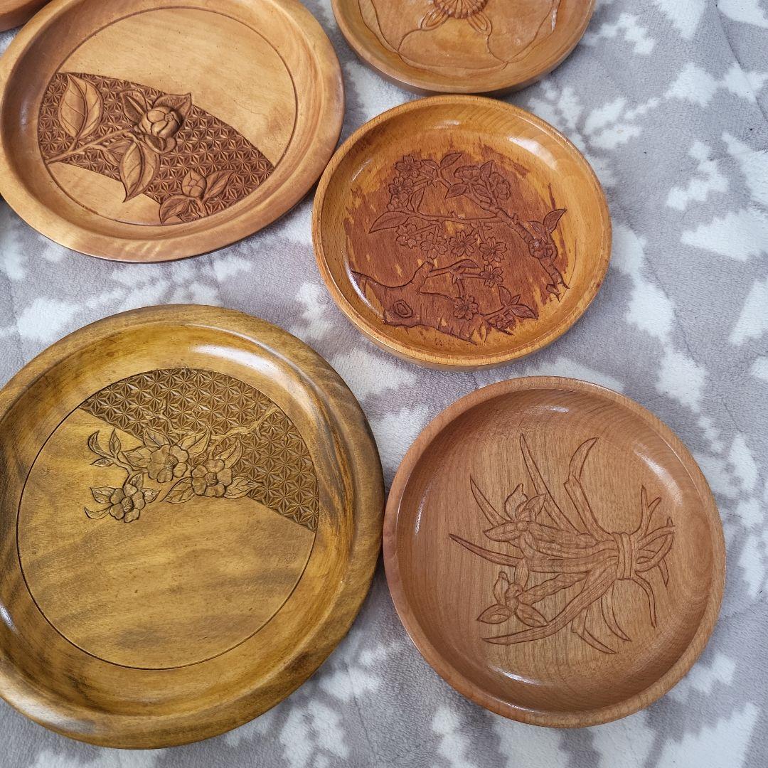 木製 彫刻盆 12枚セット お盆 宮島彫 お菓子 茶 鶴 桜 牡丹 扇 レトロ