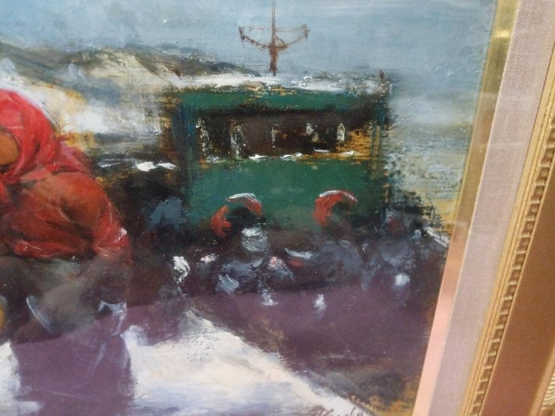 油彩画　工藤和男作　「雪の漁港」　　F４号　額付　サイン有　真作