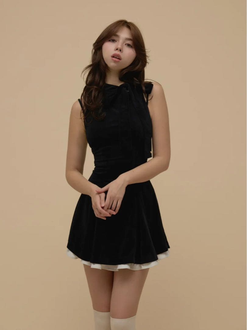 andmary Daisy velour mini dress ブラック