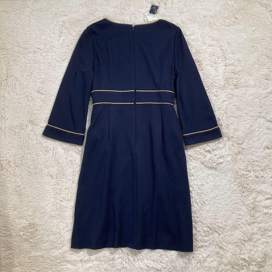 未使用タグ付 ローラアシュレイ ひざ丈ワンピース フレア 七分袖 紺色