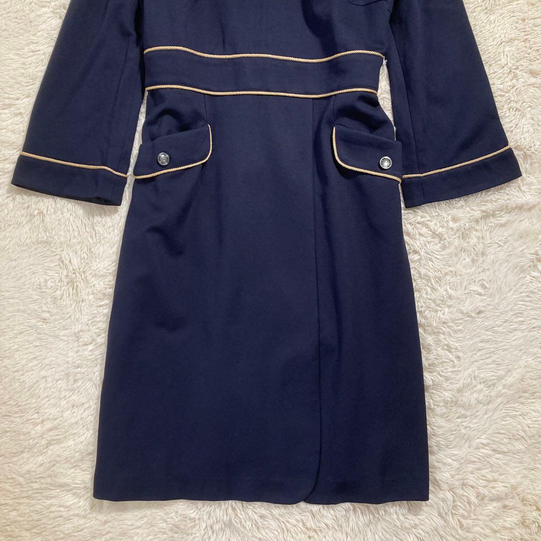 未使用タグ付 ローラアシュレイ ひざ丈ワンピース フレア 七分袖 紺色