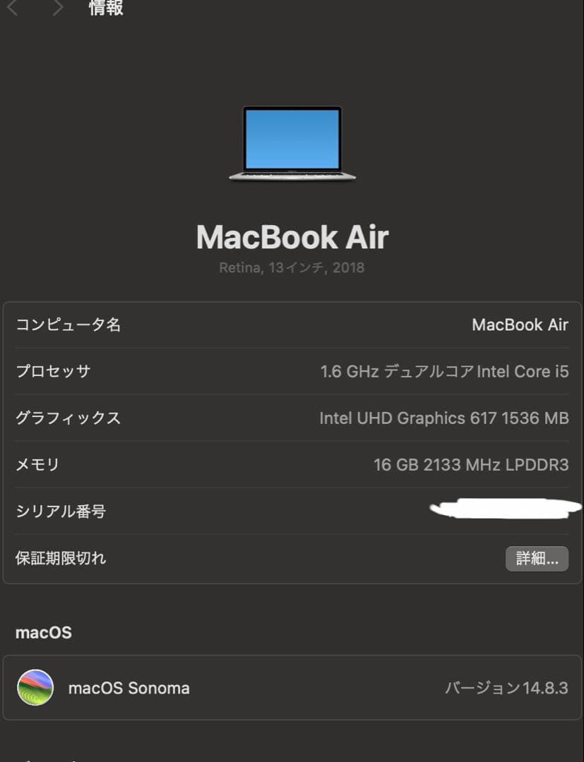 MacBook本体 MacBook Air 2018 i5-8200U 16GB SSD256GB