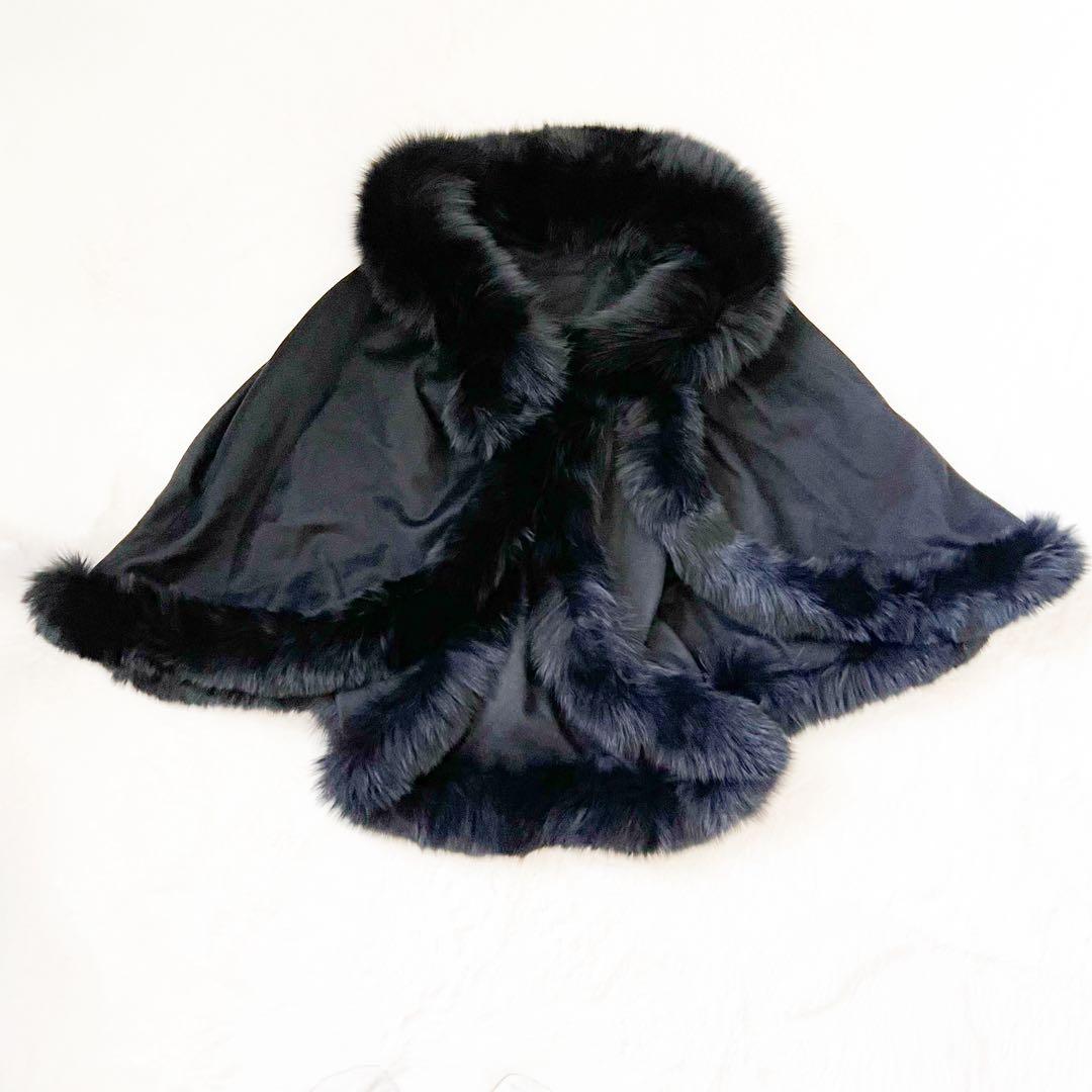 フォックスファー カシミア100% ポンチョ ケープ ブラック