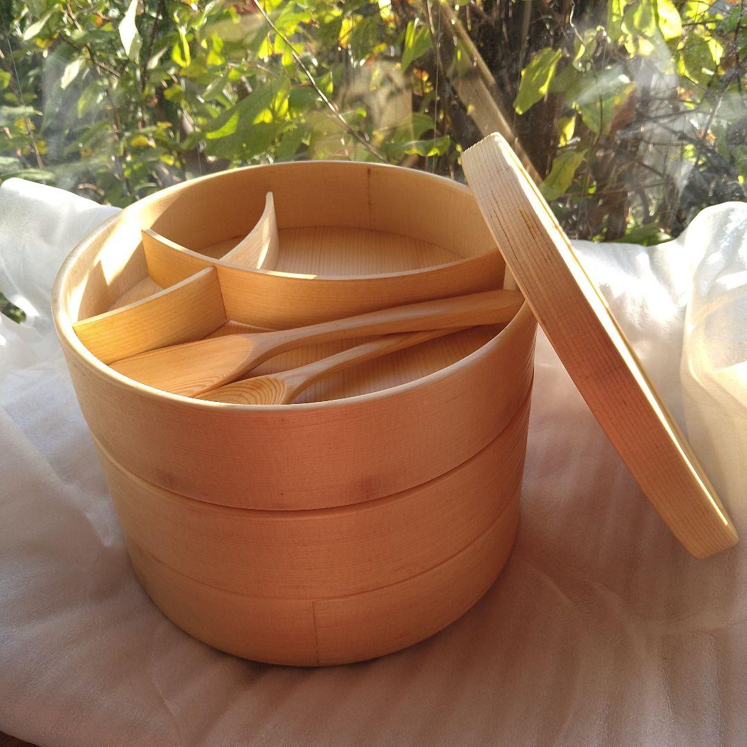 【未使用】オケクラフト　白木お弁当箱 重箱 3段重ね スプーン付き