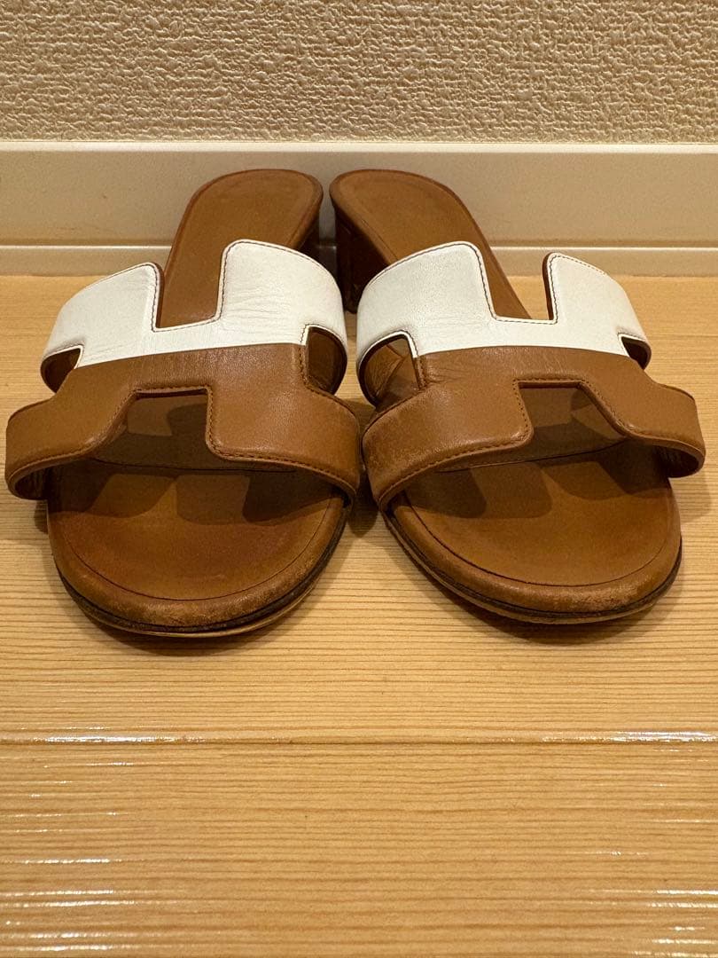 エルメス　オアジス　レザー　バイカラー　ヒール　サンダル　36.5