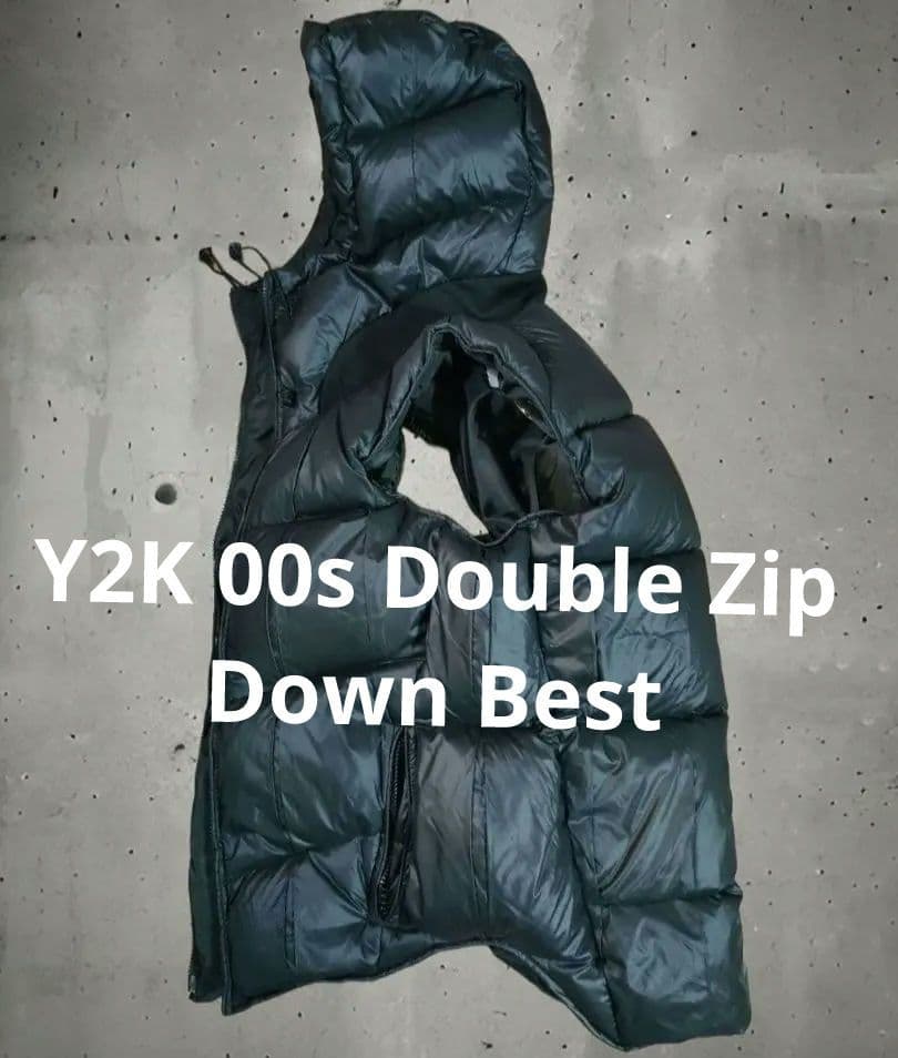 Y2K 00s フード付ダウンベスト ダブルジップ ブラック ボリューム