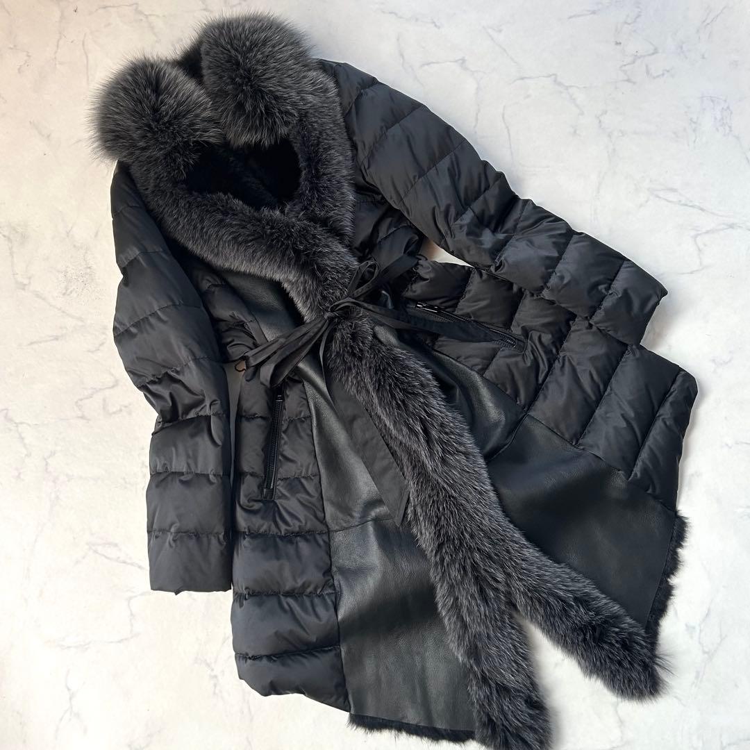 豪華ブルーフォックスファー×ラビット レザー切替 変形ロングダウンコート L