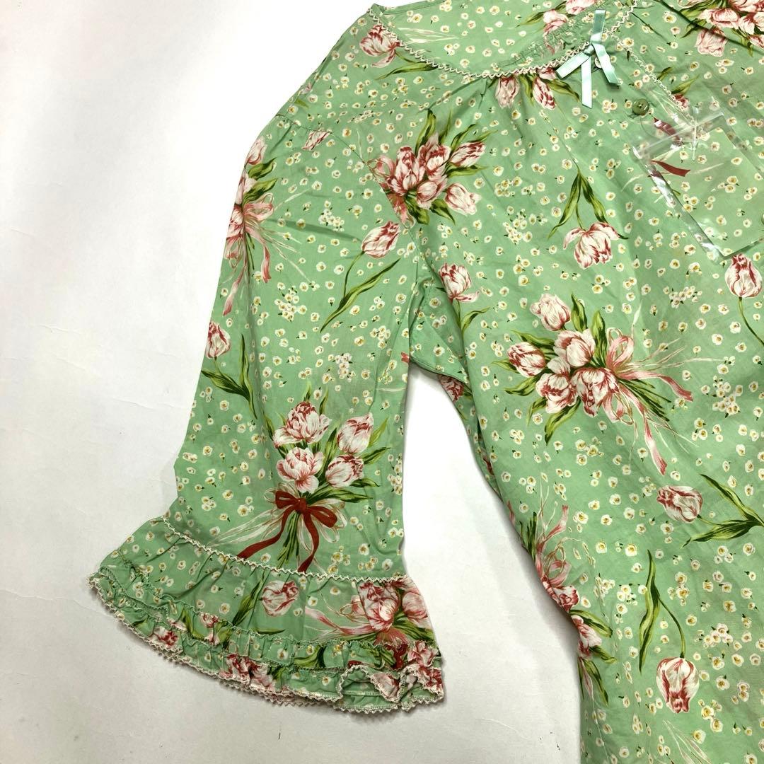 【美品】ピンクハウス ミントグリーン チューリップブーケ柄 チュニックブラウス