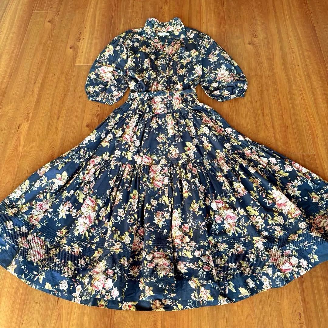 希少美品✨インゲボル カネコイサオ　薔薇柄　マキシ丈　ワンピース　ベルト　フレア