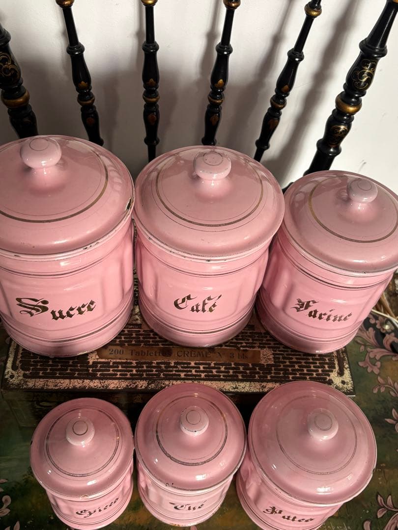 ピンク ホーロー キャニスター 6個セット フランスヴィンテージ