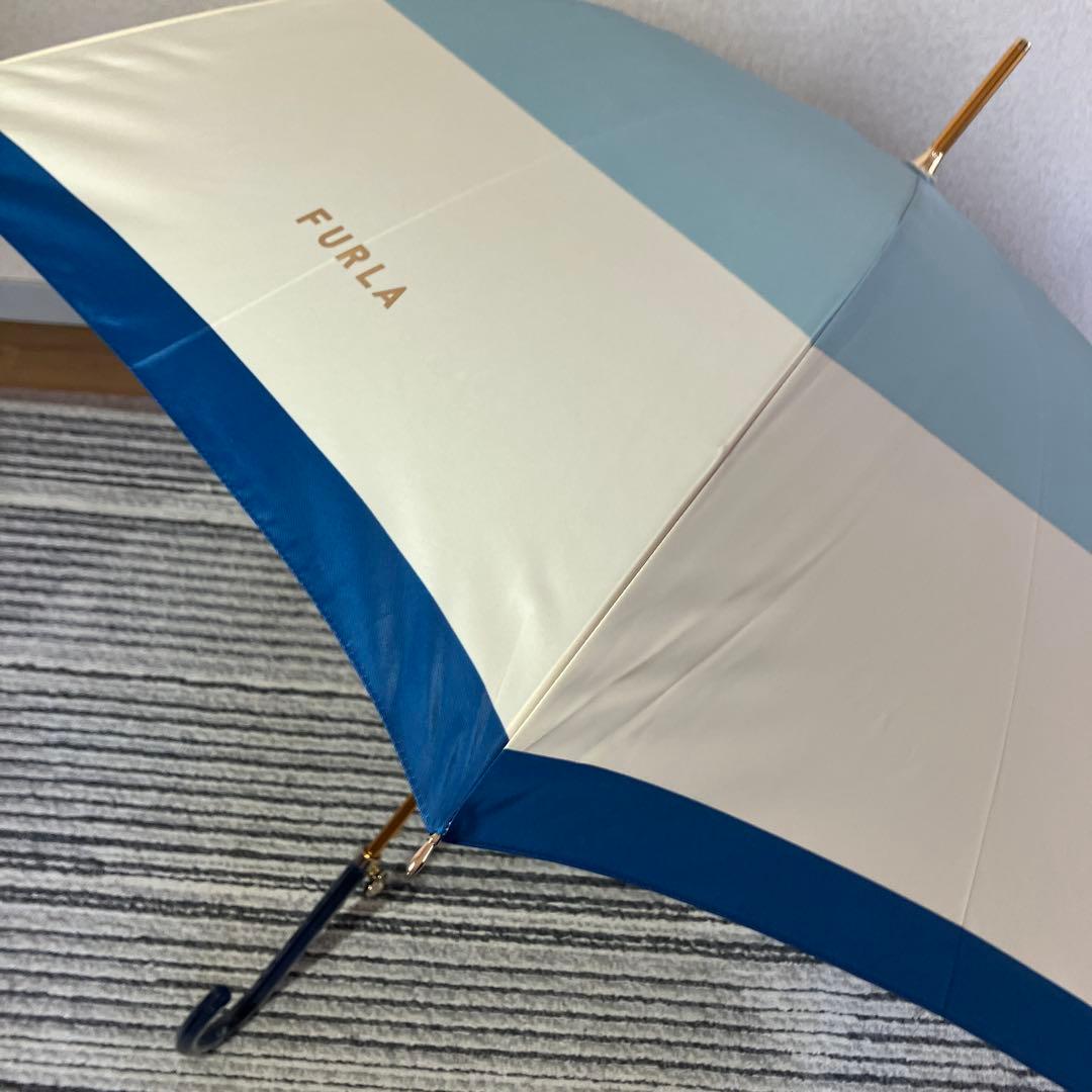 【未使用品】フルラ ボーダー 晴雨兼用 長傘 日傘 ジャンプ式 ブルー