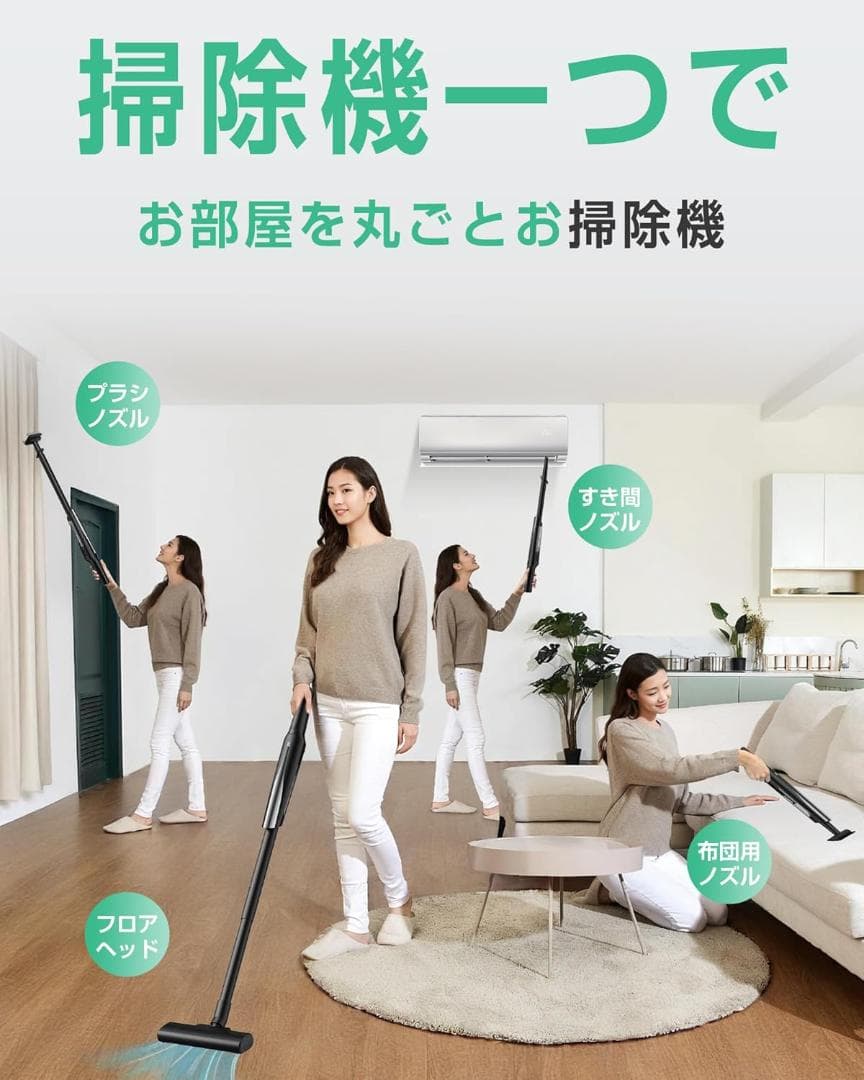 掃除機 コードレス 軽量【45000pa超強力吸引・45分連続稼働・スタンド付】